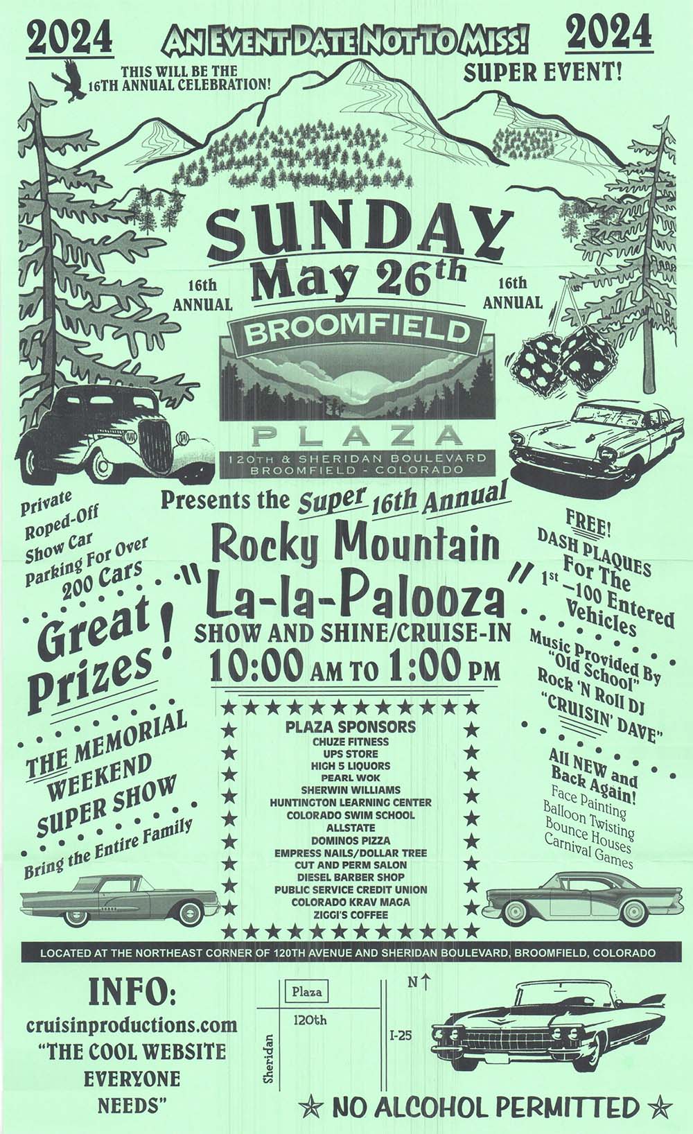 Broomfield Plaza Car Show “Rocky Mountain 16th Annual La-La-Palooza Show and Shine Cruise In 2024” @ Broomfield Plaza